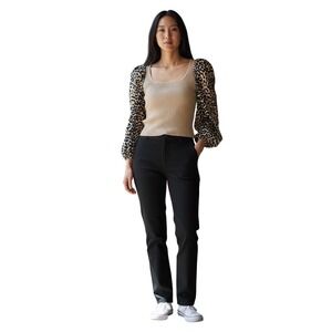 Babaton Leopard Puff Sleeve Ribbed Knit Top Beige Tan Square Neck 2XL